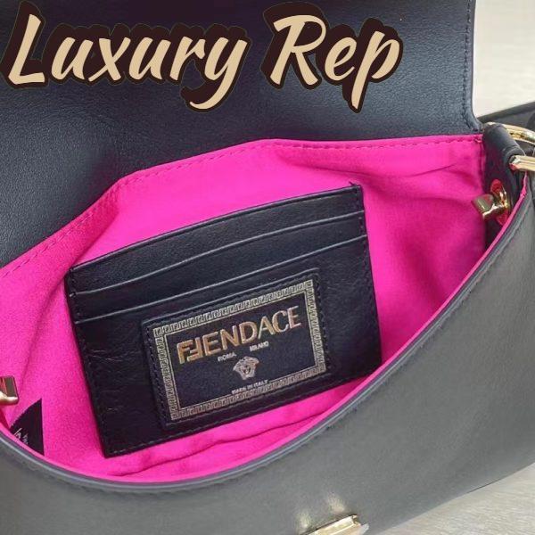 Replica Fendi Women FF Brooch Mini Baguette Fendace Black Leather Bag 10