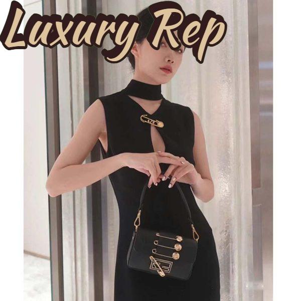 Replica Fendi Women FF Brooch Mini Baguette Fendace Black Leather Bag 12