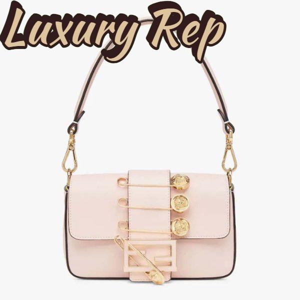 Replica Fendi Women FF Brooch Mini Baguette Fendace Pink Leather Bag