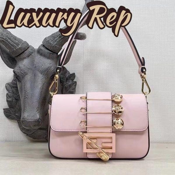 Replica Fendi Women FF Brooch Mini Baguette Fendace Pink Leather Bag 3