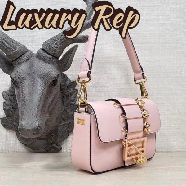 Replica Fendi Women FF Brooch Mini Baguette Fendace Pink Leather Bag 4