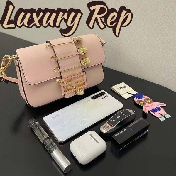 Replica Fendi Women FF Brooch Mini Baguette Fendace Pink Leather Bag 5