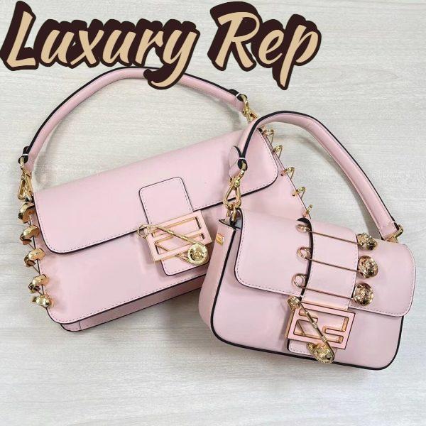 Replica Fendi Women FF Brooch Mini Baguette Fendace Pink Leather Bag 8