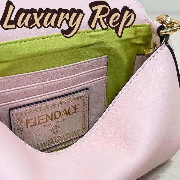 Replica Fendi Women FF Brooch Mini Baguette Fendace Pink Leather Bag 10