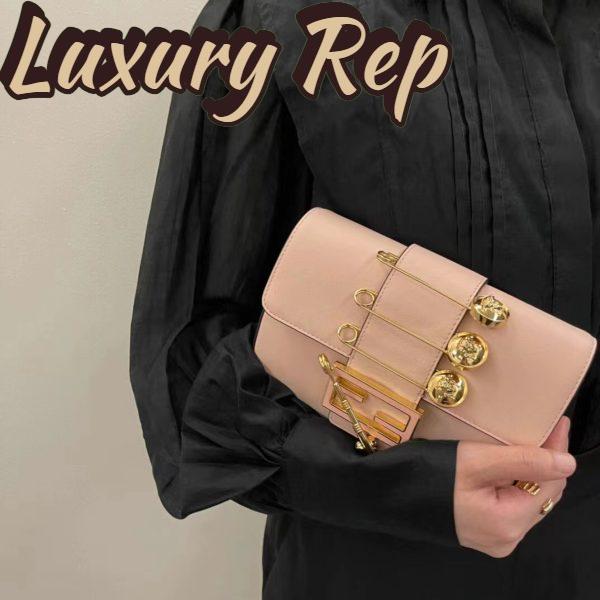 Replica Fendi Women FF Brooch Mini Baguette Fendace Pink Leather Bag 11