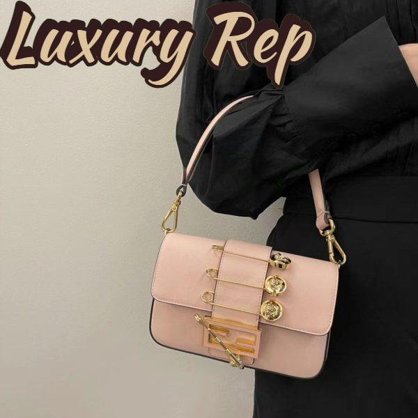 Replica Fendi Women FF Brooch Mini Baguette Fendace Pink Leather Bag 13