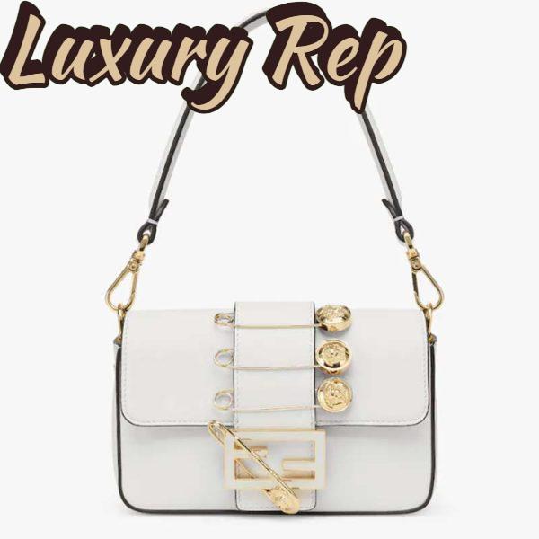 Replica Fendi Women FF Brooch Mini Baguette Fendace White Leather Bag