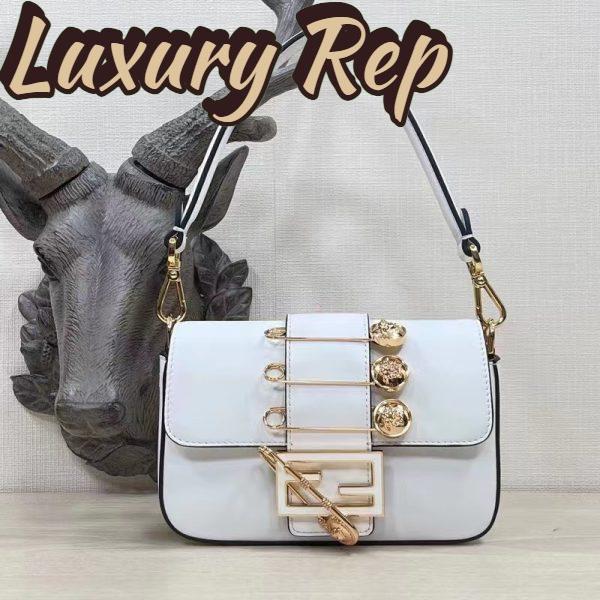 Replica Fendi Women FF Brooch Mini Baguette Fendace White Leather Bag 3
