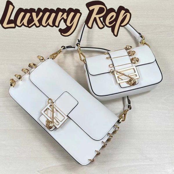 Replica Fendi Women FF Brooch Mini Baguette Fendace White Leather Bag 7