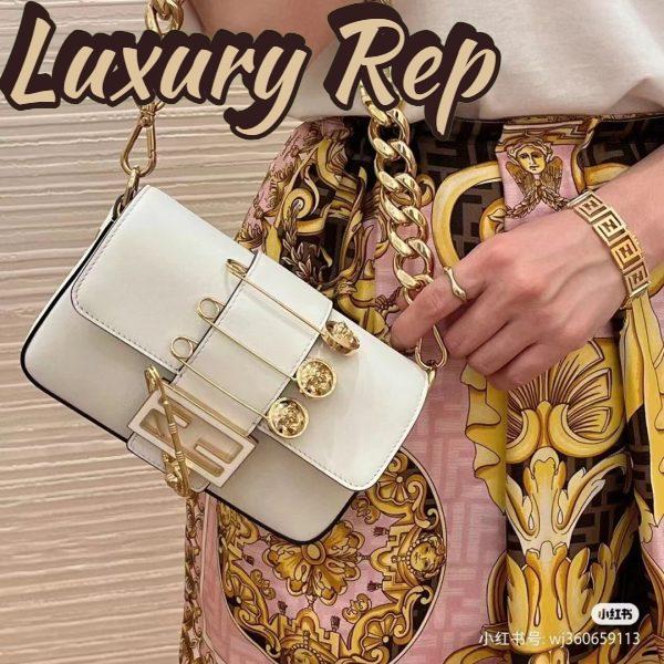 Replica Fendi Women FF Brooch Mini Baguette Fendace White Leather Bag 13