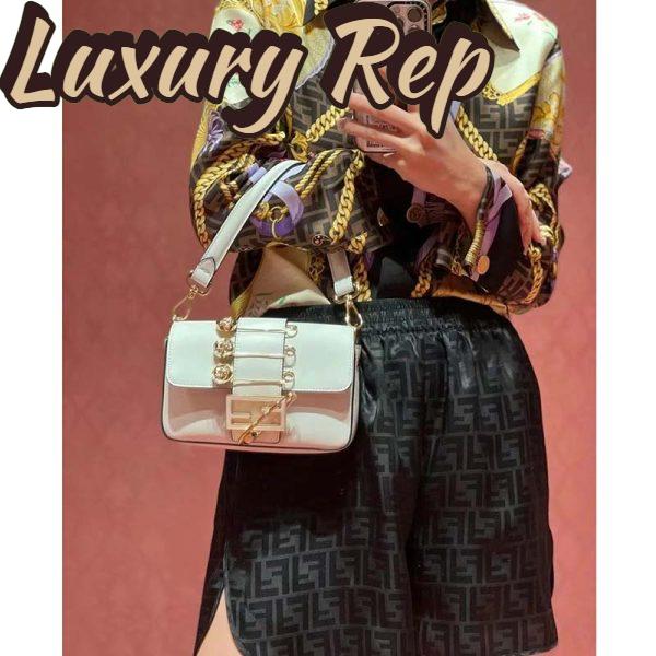 Replica Fendi Women FF Brooch Mini Baguette Fendace White Leather Bag 14