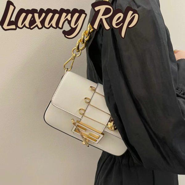 Replica Fendi Women FF Brooch Mini Baguette Fendace White Leather Bag 15