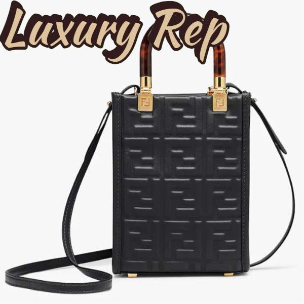 Replica Fendi Women FF Mini Sunshine Shopper Black Leather Mini Bag