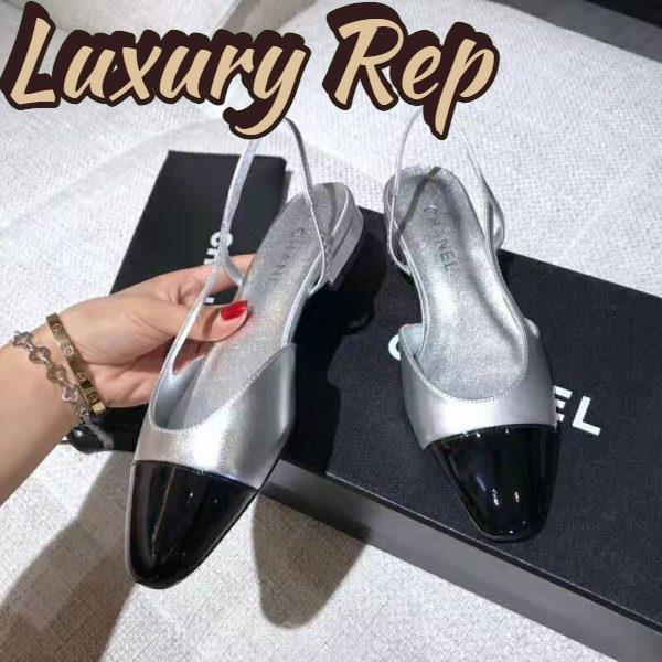 Replica Chanel Women Slingbacks in Metallic Lambskin & Satin-Silver 6