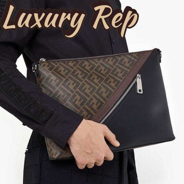 Replica Fendi Men Slim Messenger Textured Brown Fabric Bag FF Motif 8