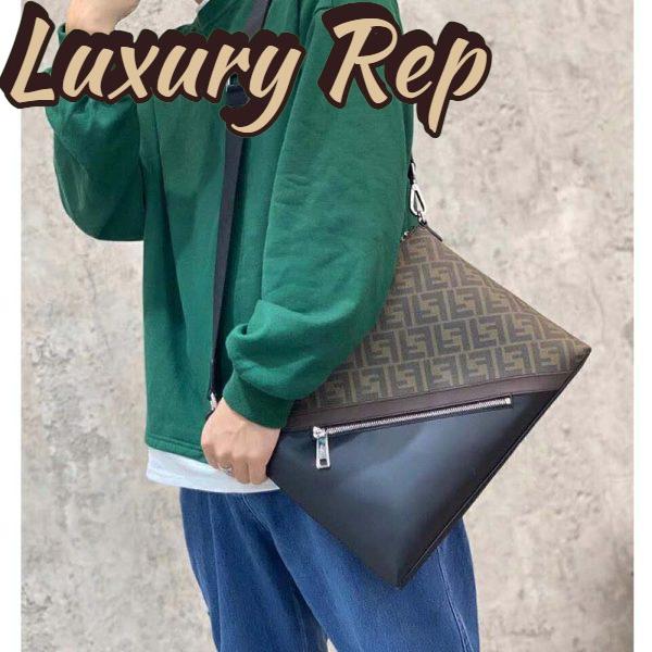 Replica Fendi Men Slim Messenger Textured Brown Fabric Bag FF Motif 9
