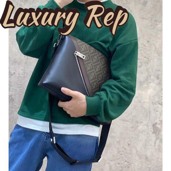 Replica Fendi Men Slim Messenger Textured Brown Fabric Bag FF Motif 10