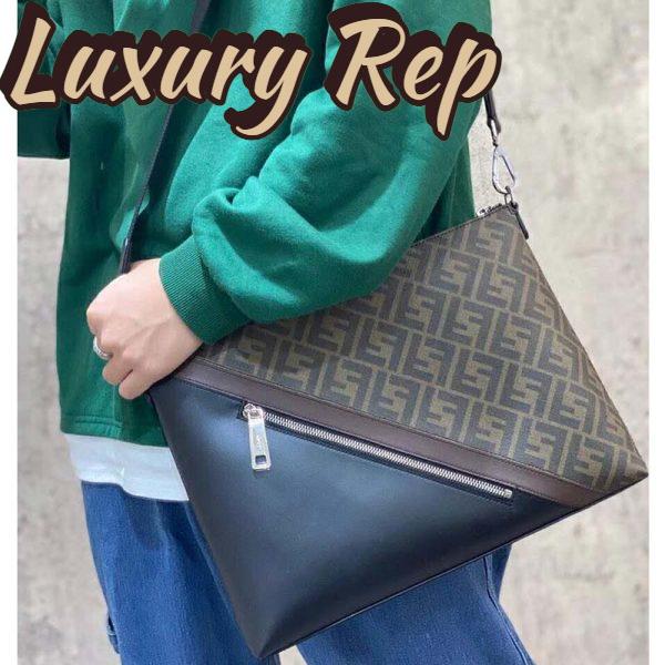 Replica Fendi Men Slim Messenger Textured Brown Fabric Bag FF Motif 12