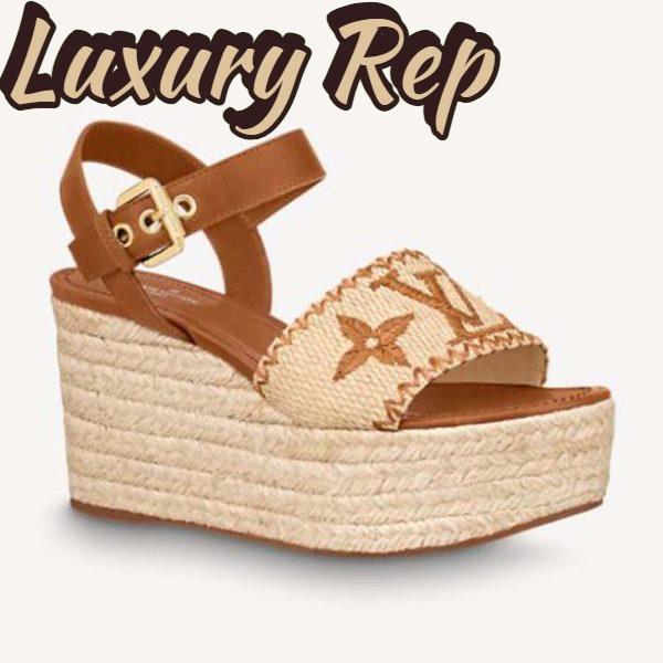 Replica Louis Vuitton Women Boundary Wedge Sandal Raffia and Tan Calf Leather