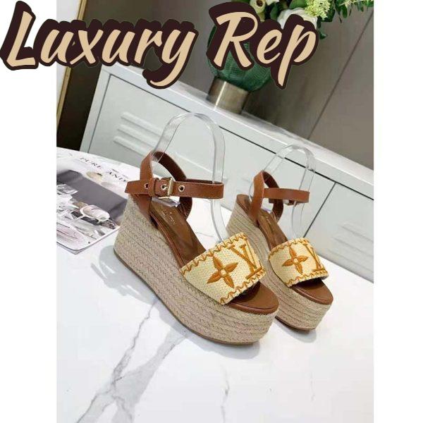 Replica Louis Vuitton Women Boundary Wedge Sandal Raffia and Tan Calf Leather 2