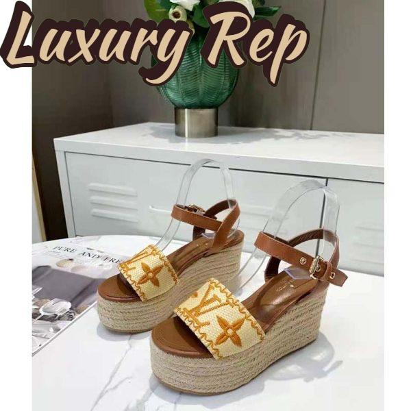 Replica Louis Vuitton Women Boundary Wedge Sandal Raffia and Tan Calf Leather 3