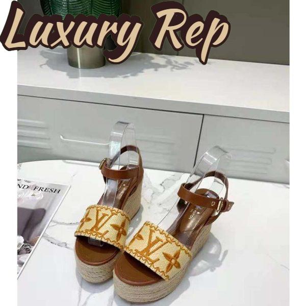 Replica Louis Vuitton Women Boundary Wedge Sandal Raffia and Tan Calf Leather 4