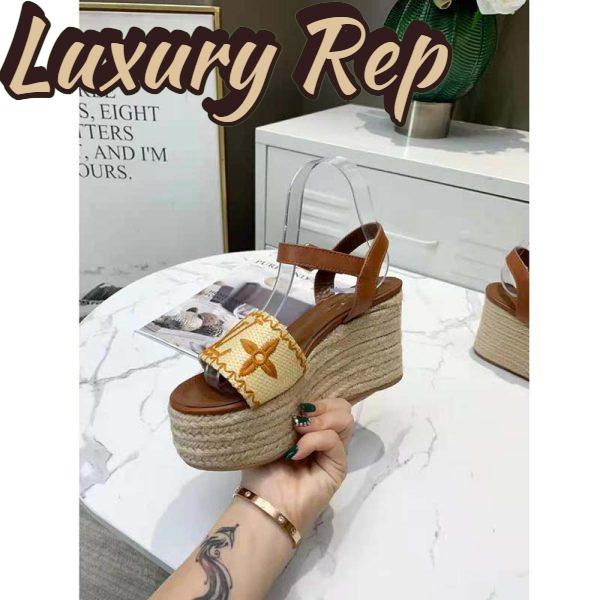 Replica Louis Vuitton Women Boundary Wedge Sandal Raffia and Tan Calf Leather 7