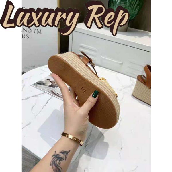 Replica Louis Vuitton Women Boundary Wedge Sandal Raffia and Tan Calf Leather 8
