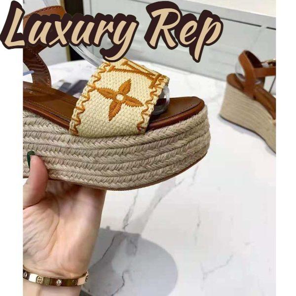 Replica Louis Vuitton Women Boundary Wedge Sandal Raffia and Tan Calf Leather 9