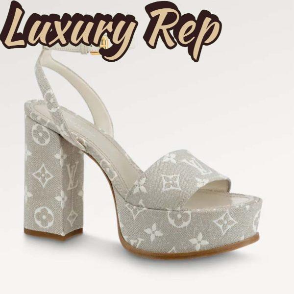 Replica Louis Vuitton Women LV Fame Platform Sandal Beige Monogram Denim Leather 11.5 CM Heel