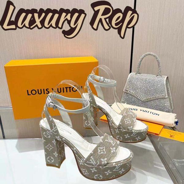 Replica Louis Vuitton Women LV Fame Platform Sandal Beige Monogram Denim Leather 11.5 CM Heel 3
