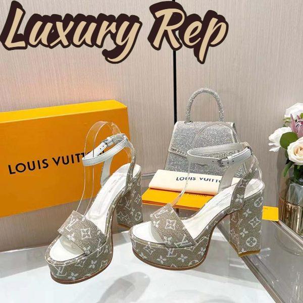 Replica Louis Vuitton Women LV Fame Platform Sandal Beige Monogram Denim Leather 11.5 CM Heel 6