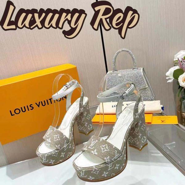 Replica Louis Vuitton Women LV Fame Platform Sandal Beige Monogram Denim Leather 11.5 CM Heel 7