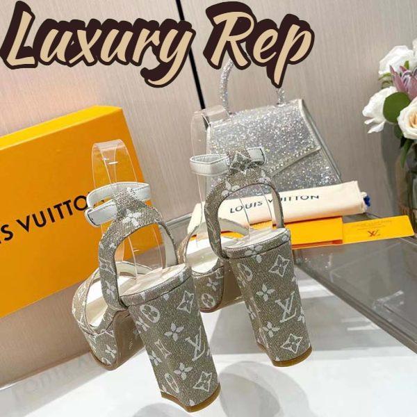 Replica Louis Vuitton Women LV Fame Platform Sandal Beige Monogram Denim Leather 11.5 CM Heel 8