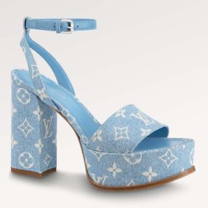 Replica Louis Vuitton Women LV Fame Platform Sandal Blue Monogram Denim Leather 11.5 CM Heel