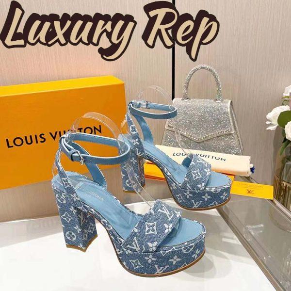 Replica Louis Vuitton Women LV Fame Platform Sandal Blue Monogram Denim Leather 11.5 CM Heel 3