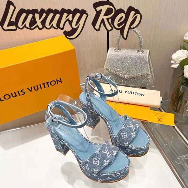 Replica Louis Vuitton Women LV Fame Platform Sandal Blue Monogram Denim Leather 11.5 CM Heel 4