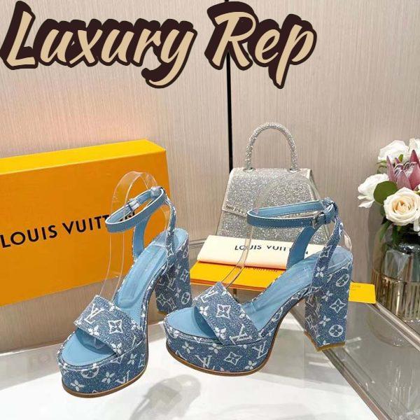 Replica Louis Vuitton Women LV Fame Platform Sandal Blue Monogram Denim Leather 11.5 CM Heel 6