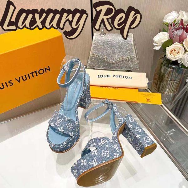 Replica Louis Vuitton Women LV Fame Platform Sandal Blue Monogram Denim Leather 11.5 CM Heel 7