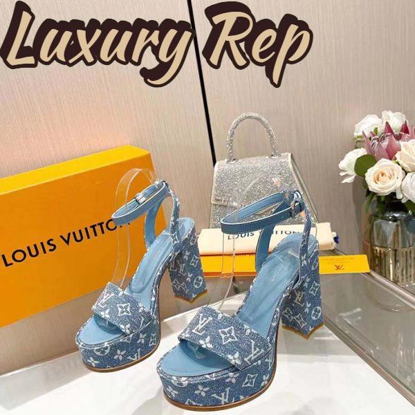 Replica Louis Vuitton Women LV Fame Platform Sandal Blue Monogram Denim Leather 11.5 CM Heel 8
