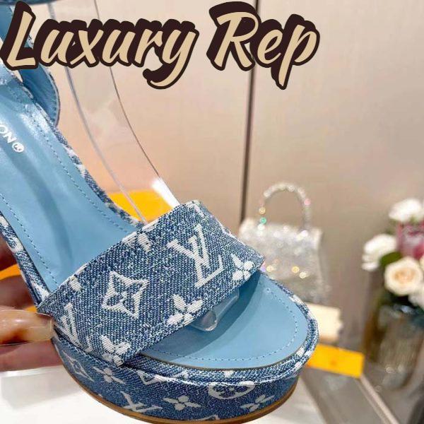 Replica Louis Vuitton Women LV Fame Platform Sandal Blue Monogram Denim Leather 11.5 CM Heel 10