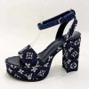 Replica Louis Vuitton Women LV Fame Platform Sandal Blue Monogram Denim Leather 11.5 CM Heel 11