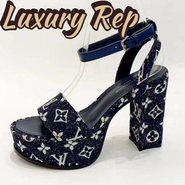 Replica Louis Vuitton Women LV Fame Platform Sandal Navy Monogram Denim Leather 11.5 CM Heel
