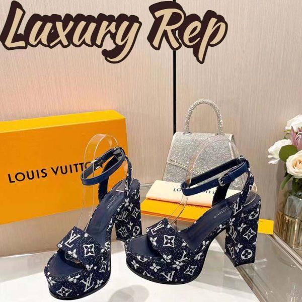 Replica Louis Vuitton Women LV Fame Platform Sandal Navy Monogram Denim Leather 11.5 CM Heel 3