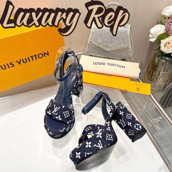 Replica Louis Vuitton Women LV Fame Platform Sandal Navy Monogram Denim Leather 11.5 CM Heel 4