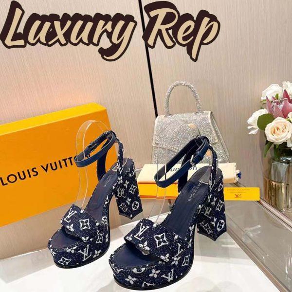 Replica Louis Vuitton Women LV Fame Platform Sandal Navy Monogram Denim Leather 11.5 CM Heel 5
