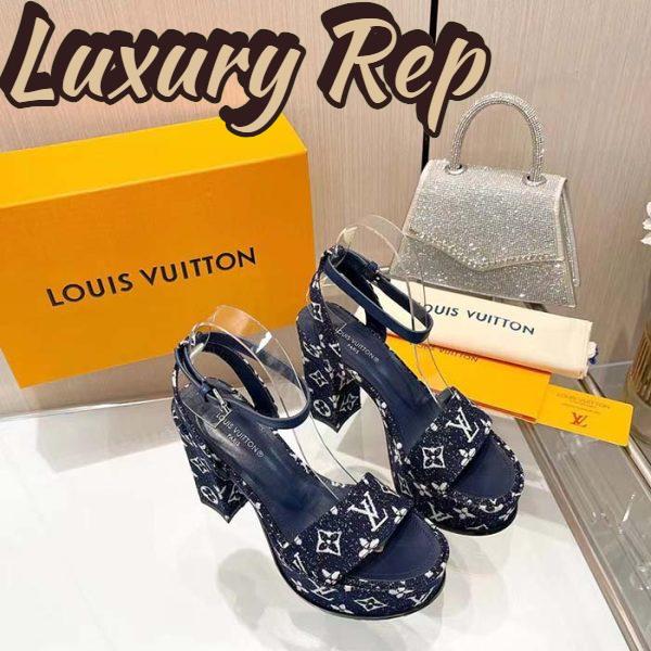Replica Louis Vuitton Women LV Fame Platform Sandal Navy Monogram Denim Leather 11.5 CM Heel 8