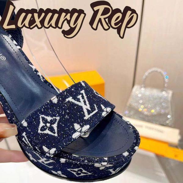 Replica Louis Vuitton Women LV Fame Platform Sandal Navy Monogram Denim Leather 11.5 CM Heel 9