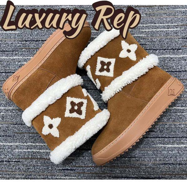 Replica Louis Vuitton Women LV Snowdrop Flat Ankle Boot Brown Suede Calf Leather Shearling Wool 2