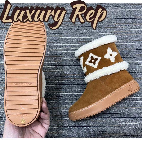 Replica Louis Vuitton Women LV Snowdrop Flat Ankle Boot Brown Suede Calf Leather Shearling Wool 7